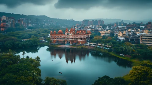 Lakeside palace reflects under monsoon skies in busy city.
