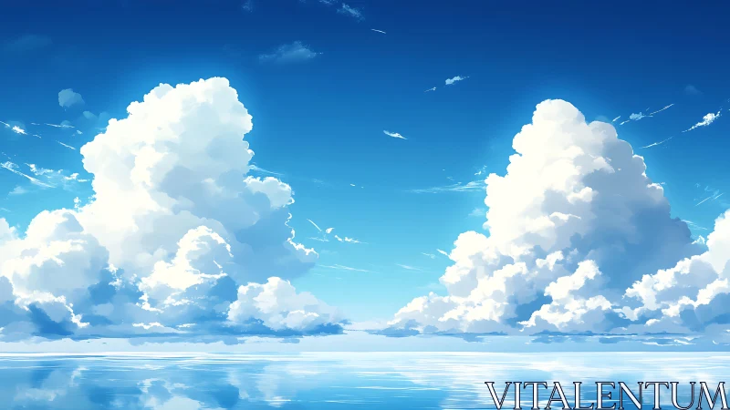 Sunlit cloud towers drifting above a glassy sea.