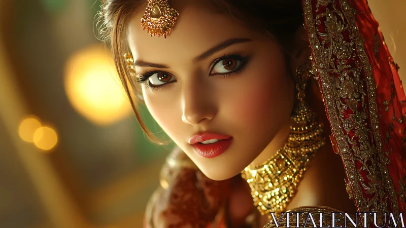 Gilded gaze of a bridal muse in ember-bright splendor.
