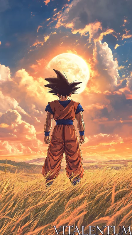 Anime sunset warrior under lunar sky in vertical composition.