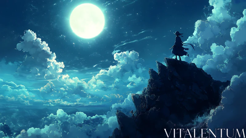 Solitary cloaked figure studies full moon over cloud sea