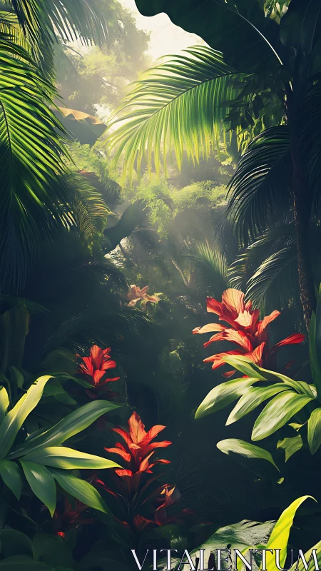 Radiant bromeliads under volumetric rainforest skylight.