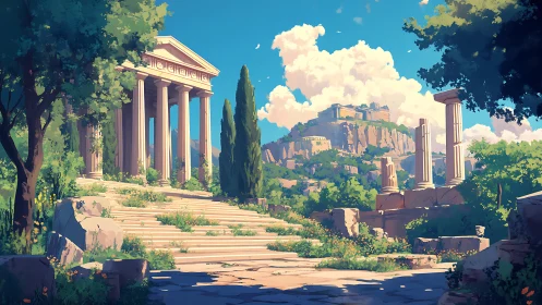Sunlit Greek temple ruins stand above stone steps and trees