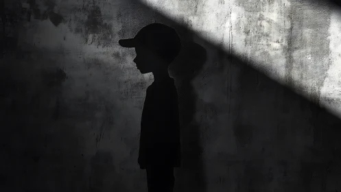 Silhouetted child in cap under harsh diagonal light beam.