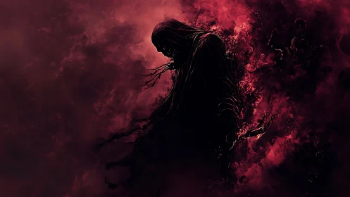 Hooded humanoid silhouette dissolves into red digital smoke