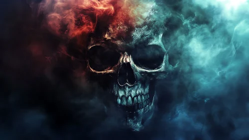 Burning spectral skull emerges through red and cyan smoke