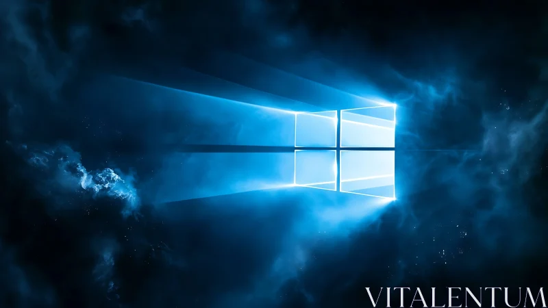 Windows style glowing logo in blue digital space environment.