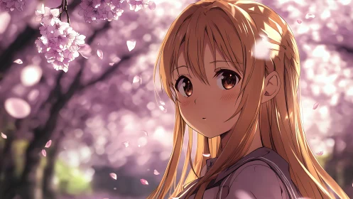 Quiethearted girl beneath drifting cherry blossom weather.