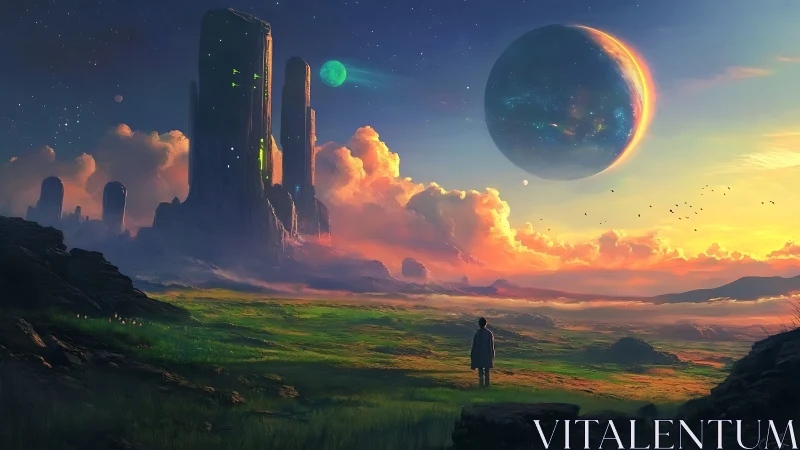 Wanderer beneath twin moons and a shimmering risen world.