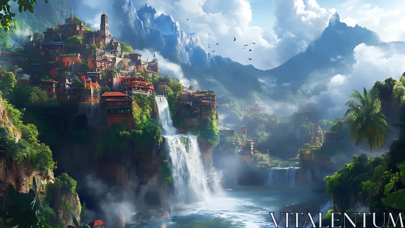 Mystical cliffside city overlooks towering waterfalls and peaks.