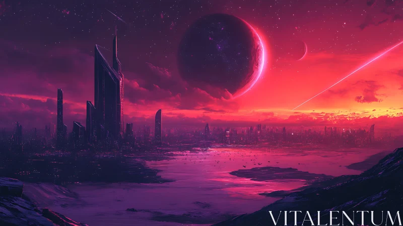 Neon exoplanet skyline with monolithic spires, wide vista framing.