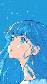 Blue haired anime girl gazing upward against starry sky.
