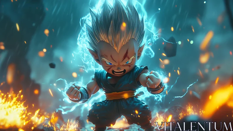 Chibi warrior unleashes crackling blue power amid firestorm.
