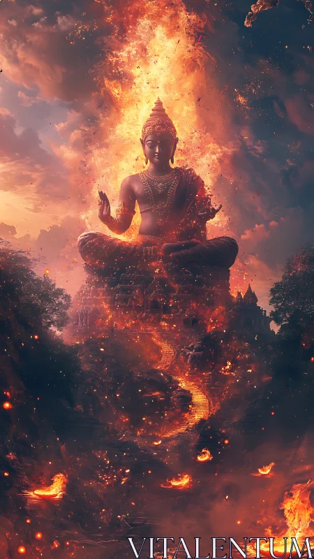 Seated Buddha statue within vertical column of flames and embers.