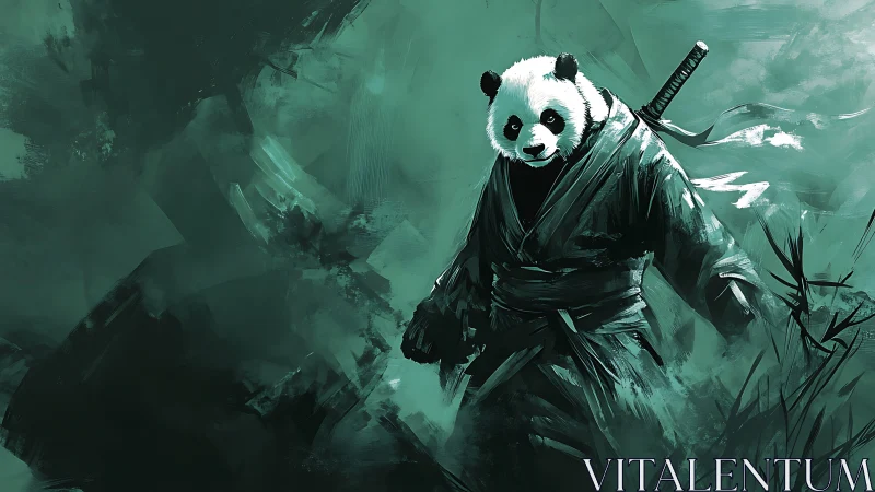 Panda warrior in misty bamboo shadows, calm yet powerful.