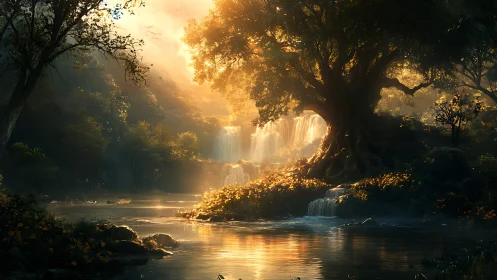 Ancient tree shelters cascading forest waterfalls at sunrise