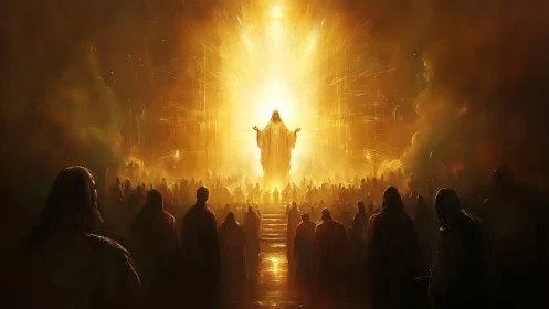 Radiant ascension figure above robed crowd in blazing light.