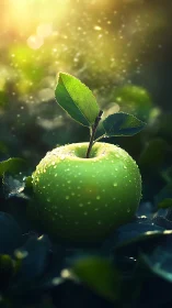 Green apple rests in dewy leaves under warm morning light