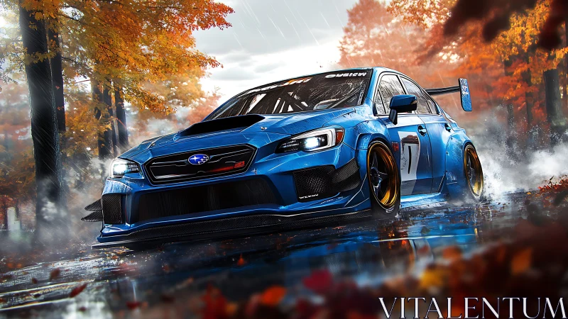 Blue race car powers through wet autumn forest circuit