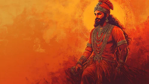 Warrior king portrait rendered in warm orange digital art