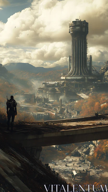 Solitary explorer surveys towering post apocalypse citadel.