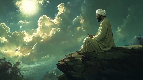 Solitary mystic meditating on a cliff under radiant celestial light
