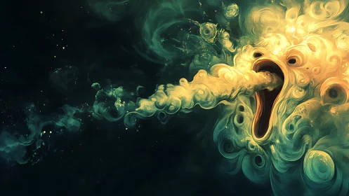 Spectral vortex face exhaling luminous swirling nebula cloud.