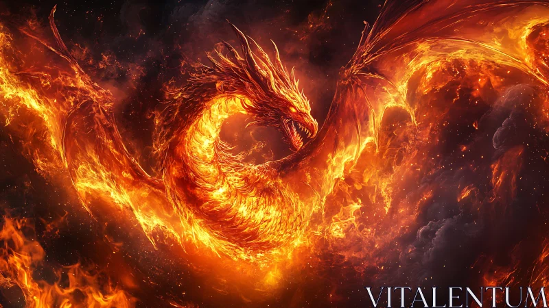 Fiery dragon coils in blazing storm of molten flame.