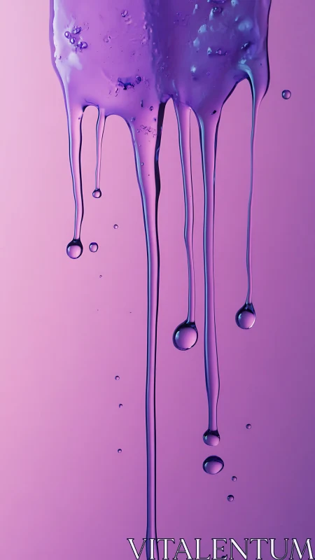 Luminescent violet liquid drips against a soft pink void