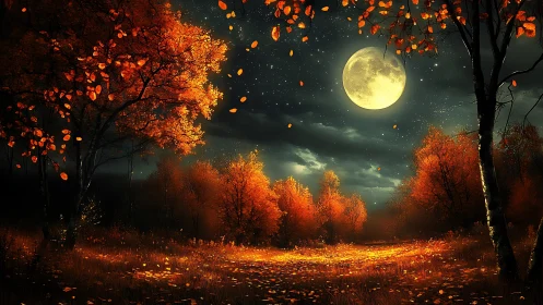 Moonlit autumn grove under glowing harvest sky.