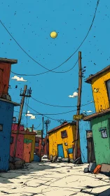 Sunlit shantytown alley with bold primary color facades.