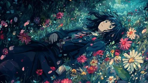 Girl in dark clothing lying in dense colorful flower field.