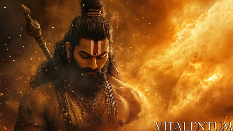 Digital painting of meditative warrior deity in fiery chiaroscuro.