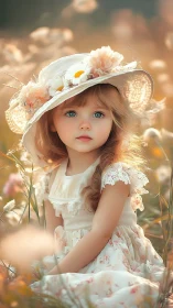 Sunlit meadow child in lace dress and blossom-crowned hat.