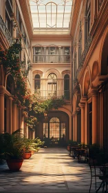 Sunlit arcade quietly brews a garden of drifting shadows