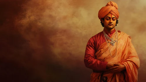 Regal young man in traditional robes stands with quiet pride