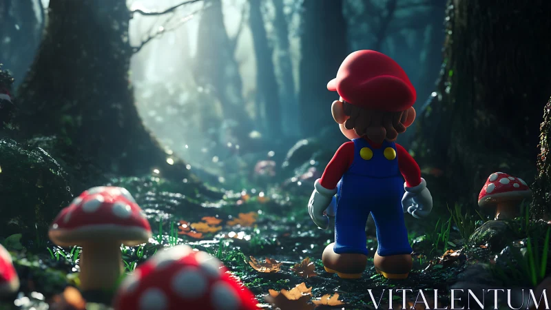 Mushroom world explorer in volumetric forest light scene.