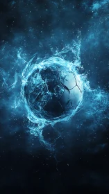 Glowing water-forged soccer ball swirling in cosmic blue night.