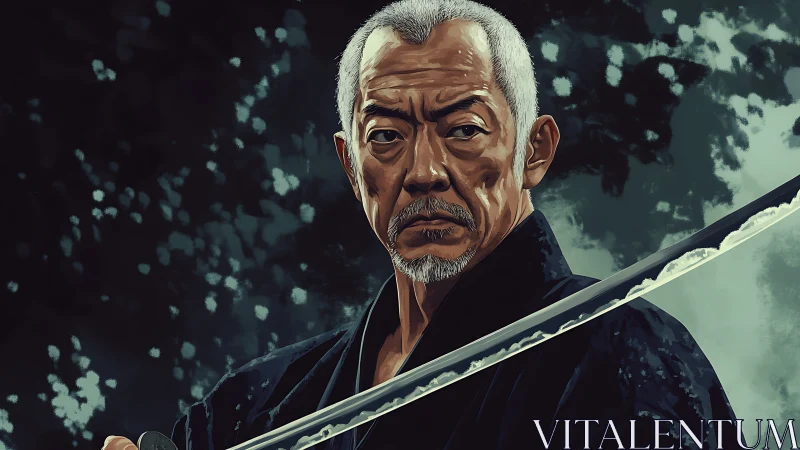 Elder samurai holds katana with high-contrast directional lighting