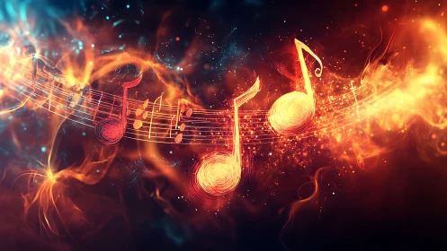 Musical notation rendered as glowing abstract light forms.