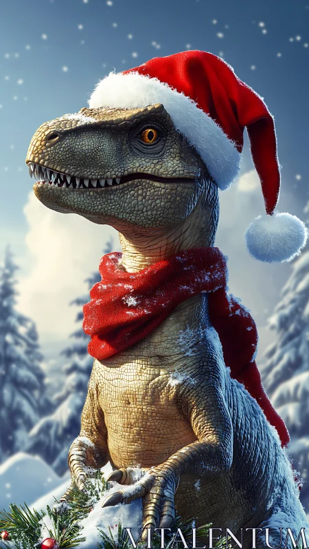 Festive velociraptor in snowy forest wearing Santa attire.