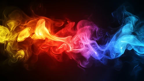 Digital painting of chromatic smoke ribbons on dark field.