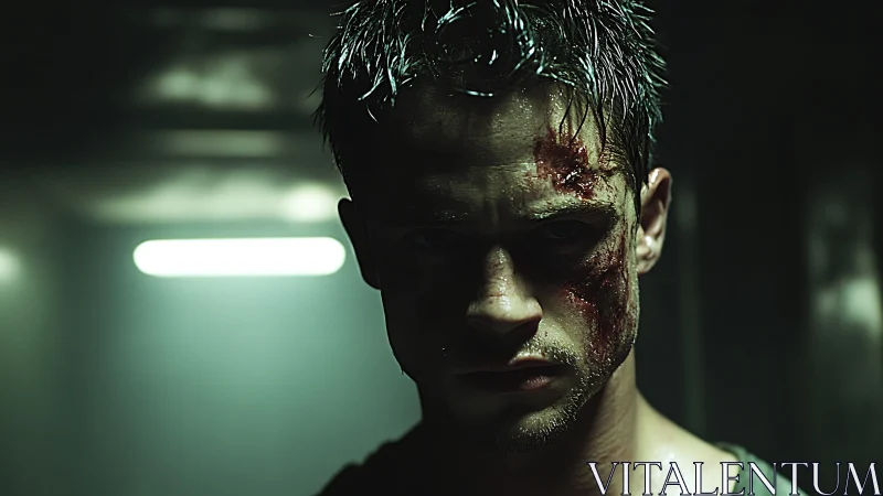 Male subject stands in dim corridor with facial injuries