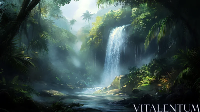 Tropical waterfall gorge with palm-lined canyon and mist