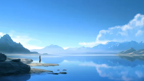 Solitary wanderer adrift in blue-glass mountain silence.