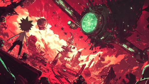 Wide-angle alien battlefield with green-core orbital megastructure