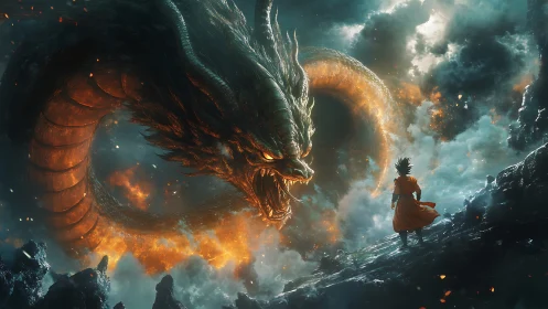 Fiery celestial dragon confronts lone warrior on cliff edge.