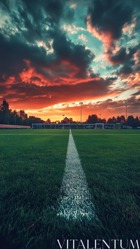 Sunset soccer field glowing under dramatic painted sky.