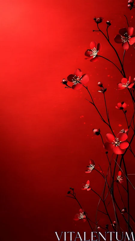 Red Botanical Specimen Against Monochromatic Crimson Field. Delicate Florets and Buds.