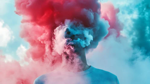 Human figure stands with head obscured by dense colored smoke